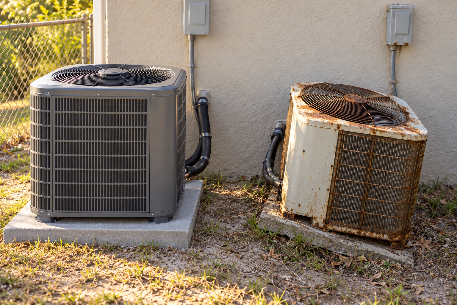 Old corroded condenser beside a new condenser on a level pad