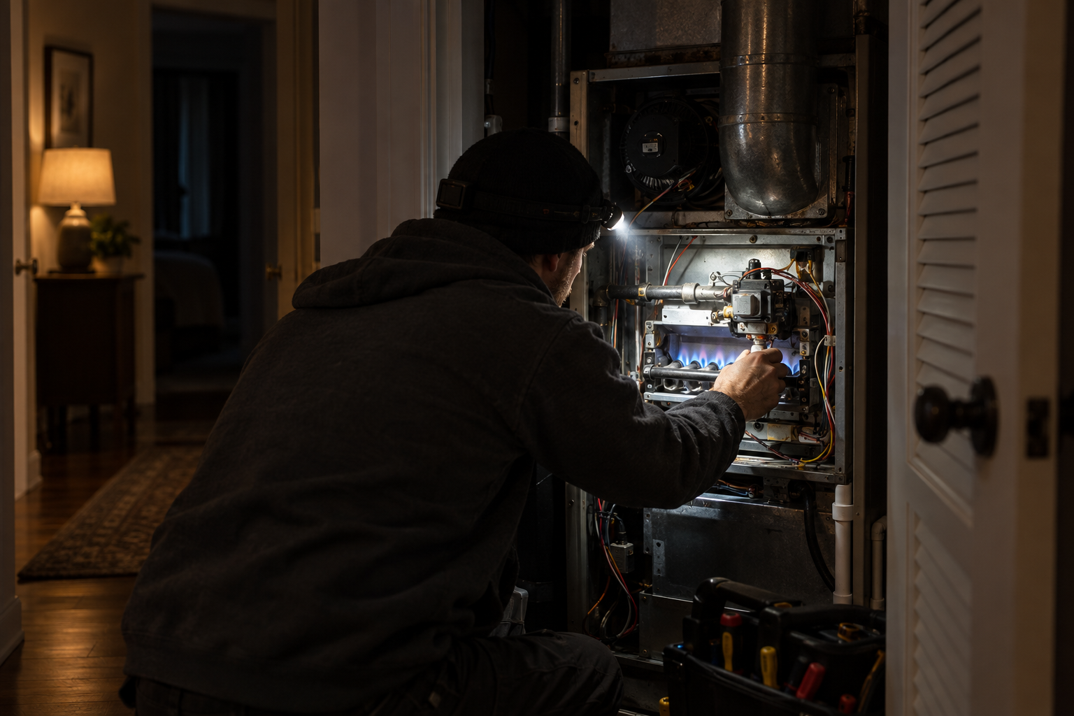 Headlamp lighting an open gas furnace in a dark utility closet at night