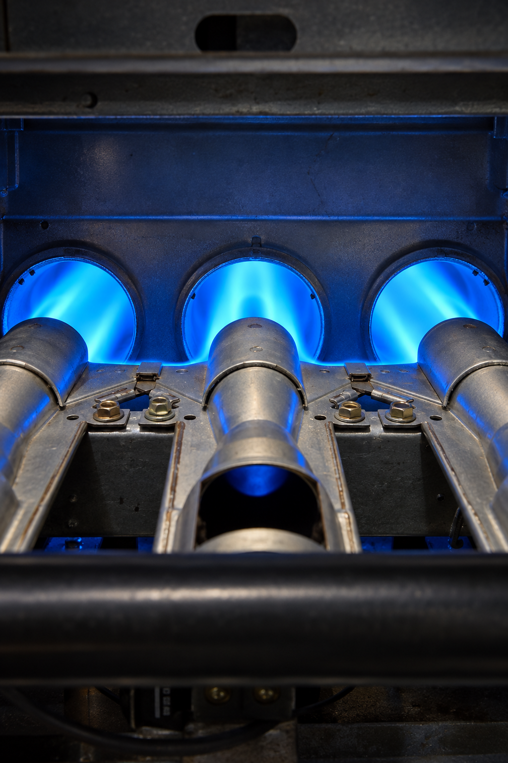 Row of steady blue burner flames inside a gas furnace
