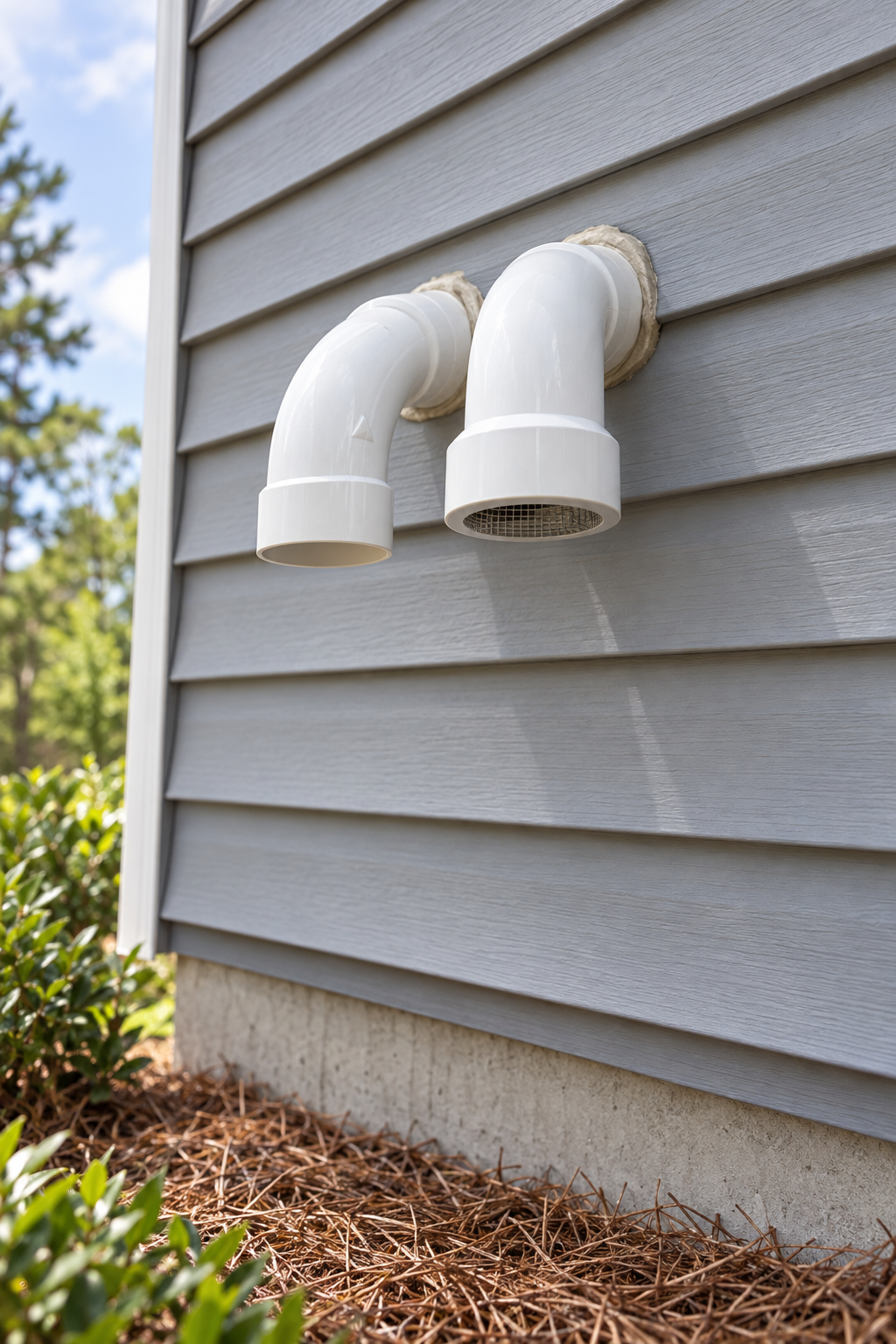 Two PVC furnace vent pipes exiting a vinyl-sided wall