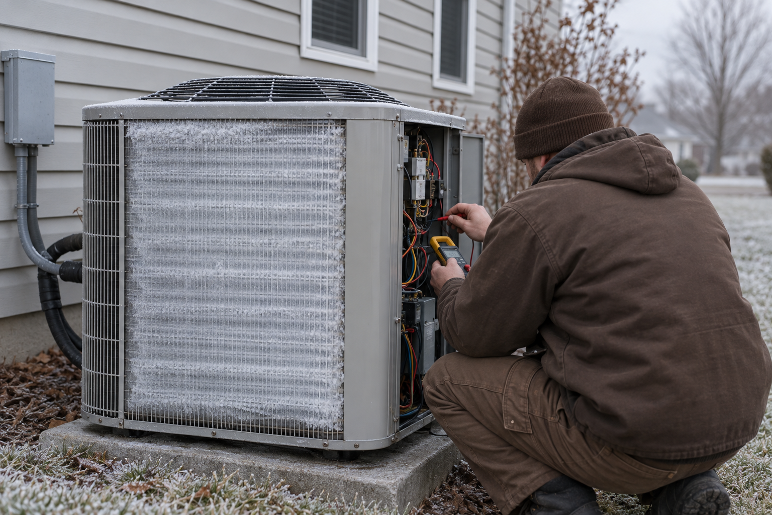 Frost-coated heat pump outdoor unit with its electrical panel open