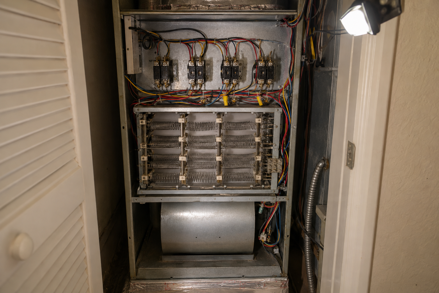 Open electric furnace cabinet with its heat strip elements exposed