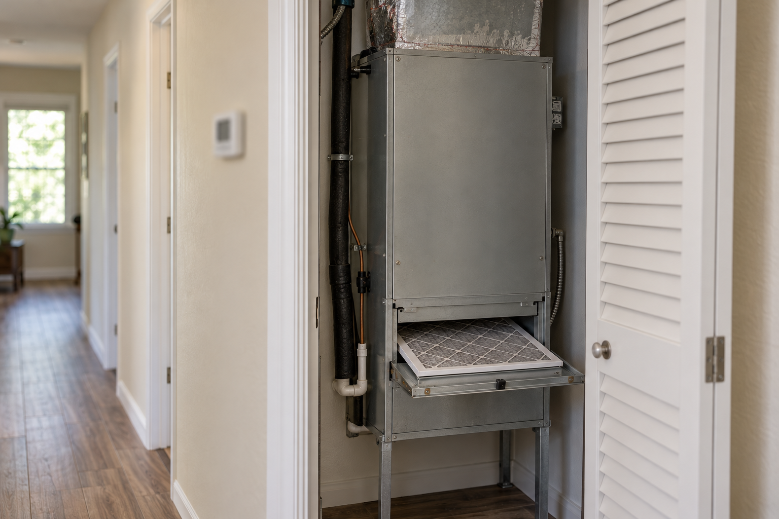 Indoor air handler in a hall closet with its filter door open