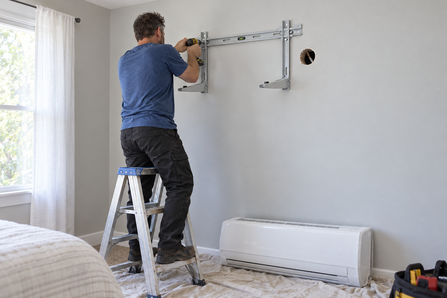 Technician on a stepladder mounting a mini split wall bracket in a bedroom